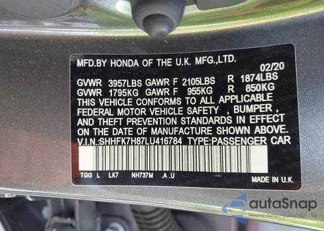 2020 Honda Civic Ex-L from USA, damaged, VIN SHHFK7H87LU416784